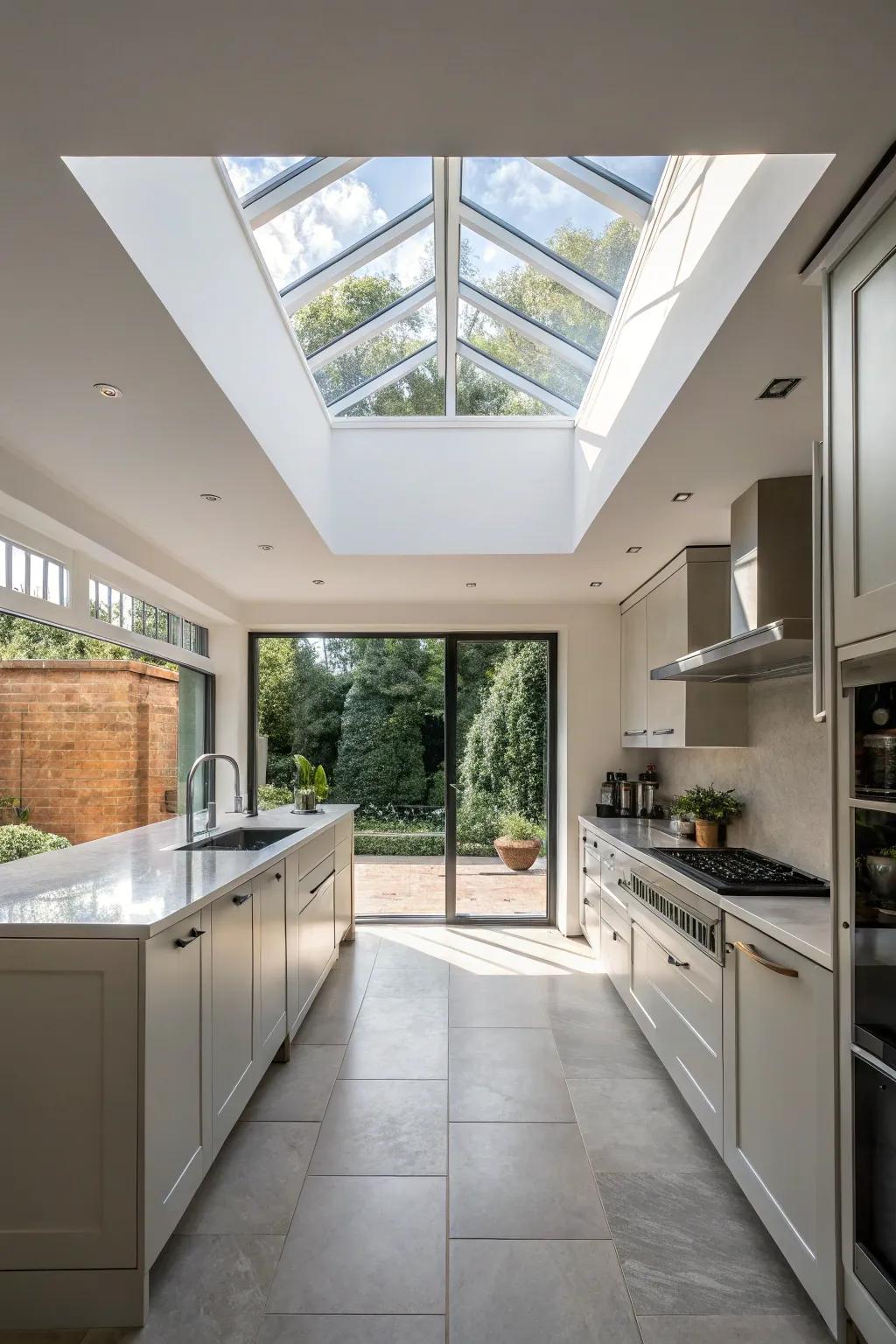 A skylight serves as a striking design element in this kitchen.