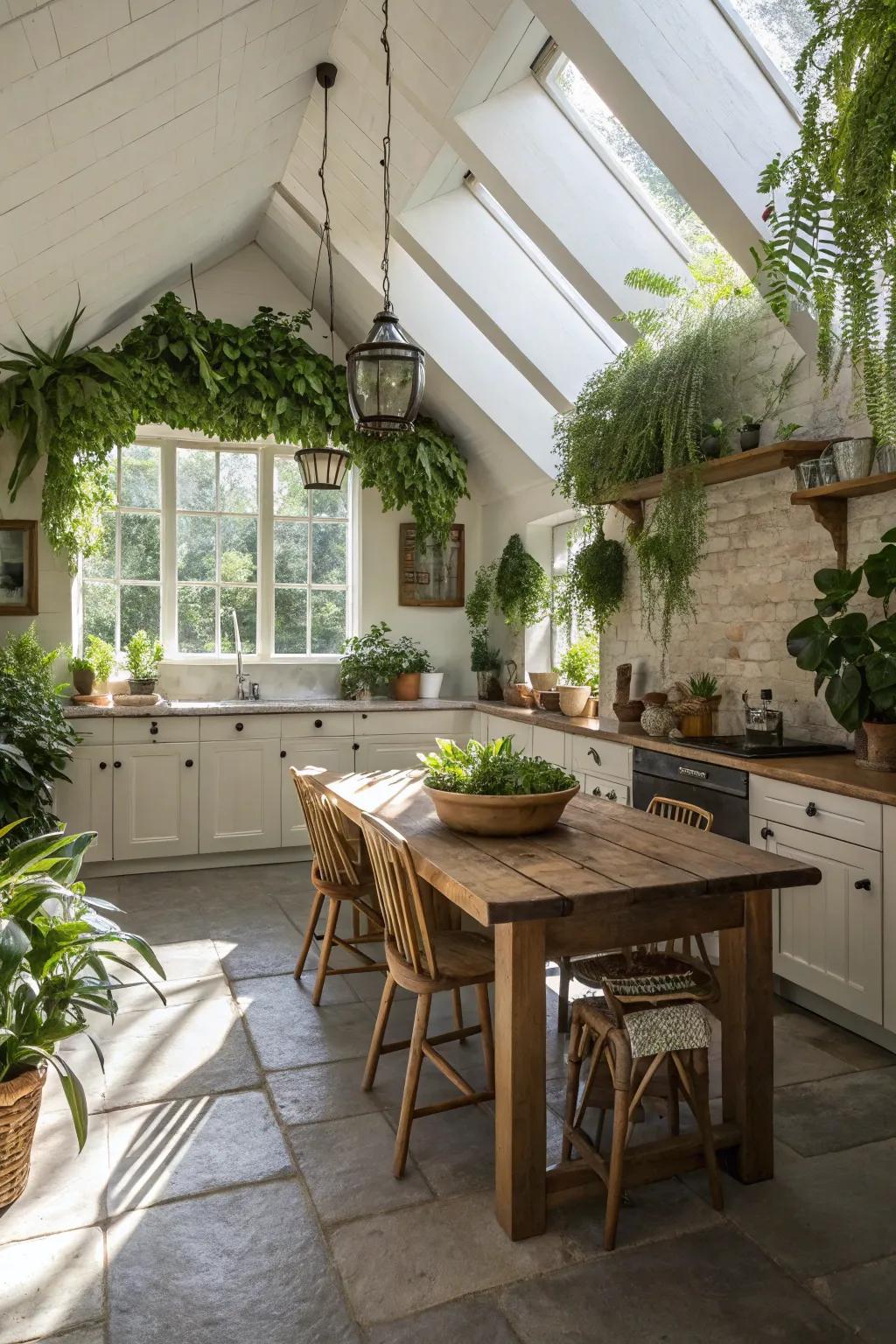 Indoor plants bring a refreshing element to this kitchen featuring a vaulted ceiling.