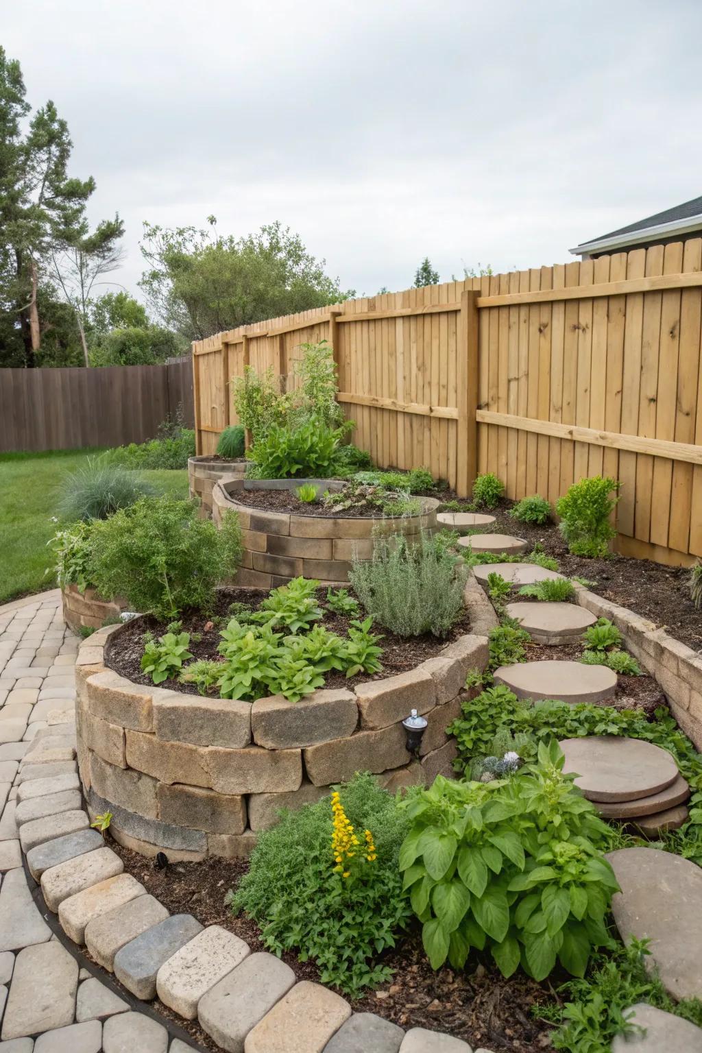 A herb spiral allows for diverse planting in a small space.