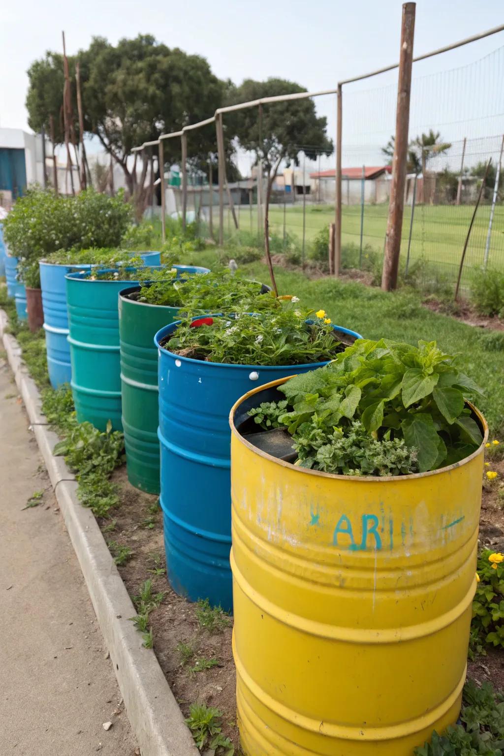 Recycled plastic barrels are a practical and colorful option for raised beds.