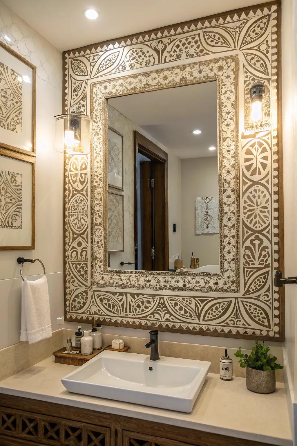 Stenciling adds a personal and artistic touch to bathroom mirrors.