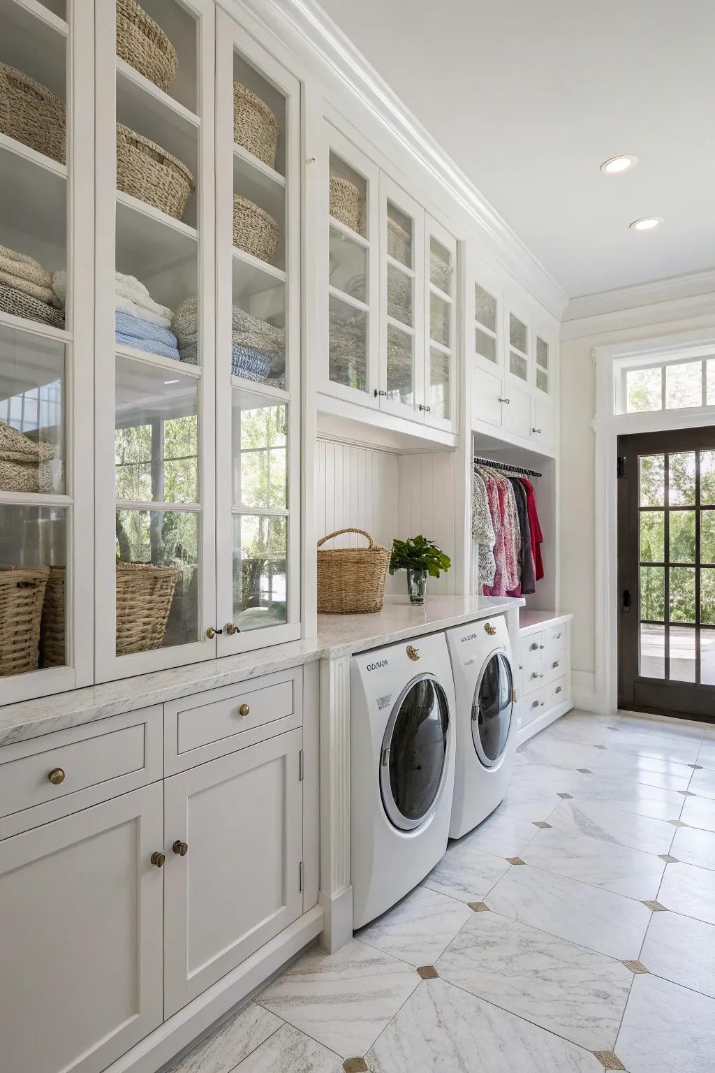 Glass-front cabinets offer a bright, open, and stylish storage solution.