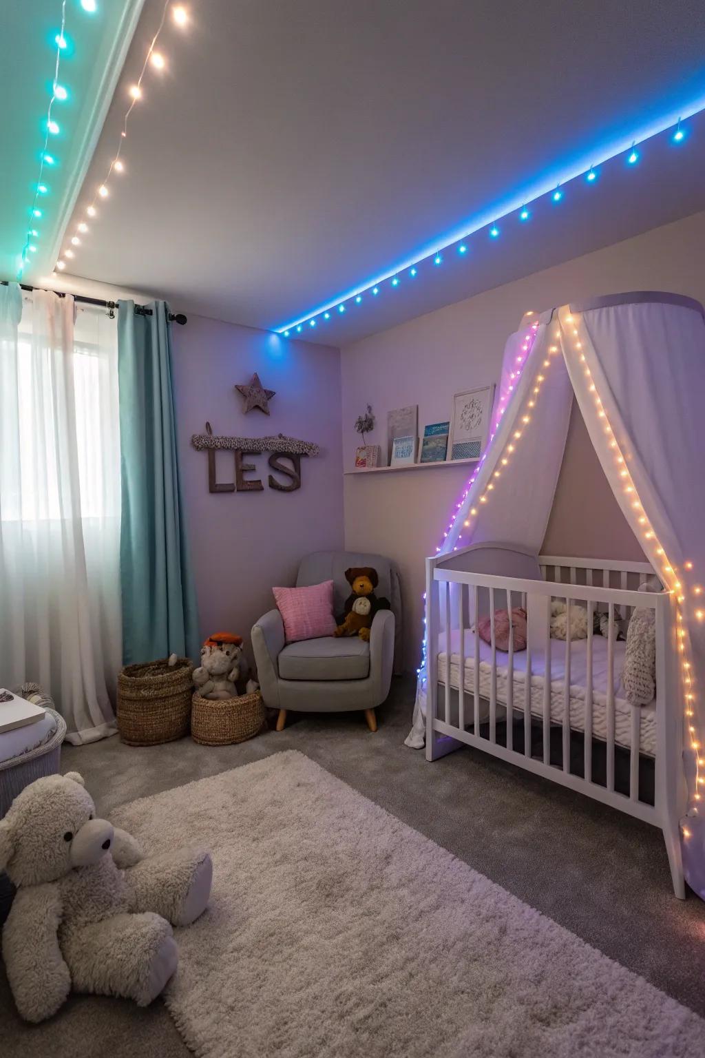 Gentle and soothing nursery lighting with LED strips.