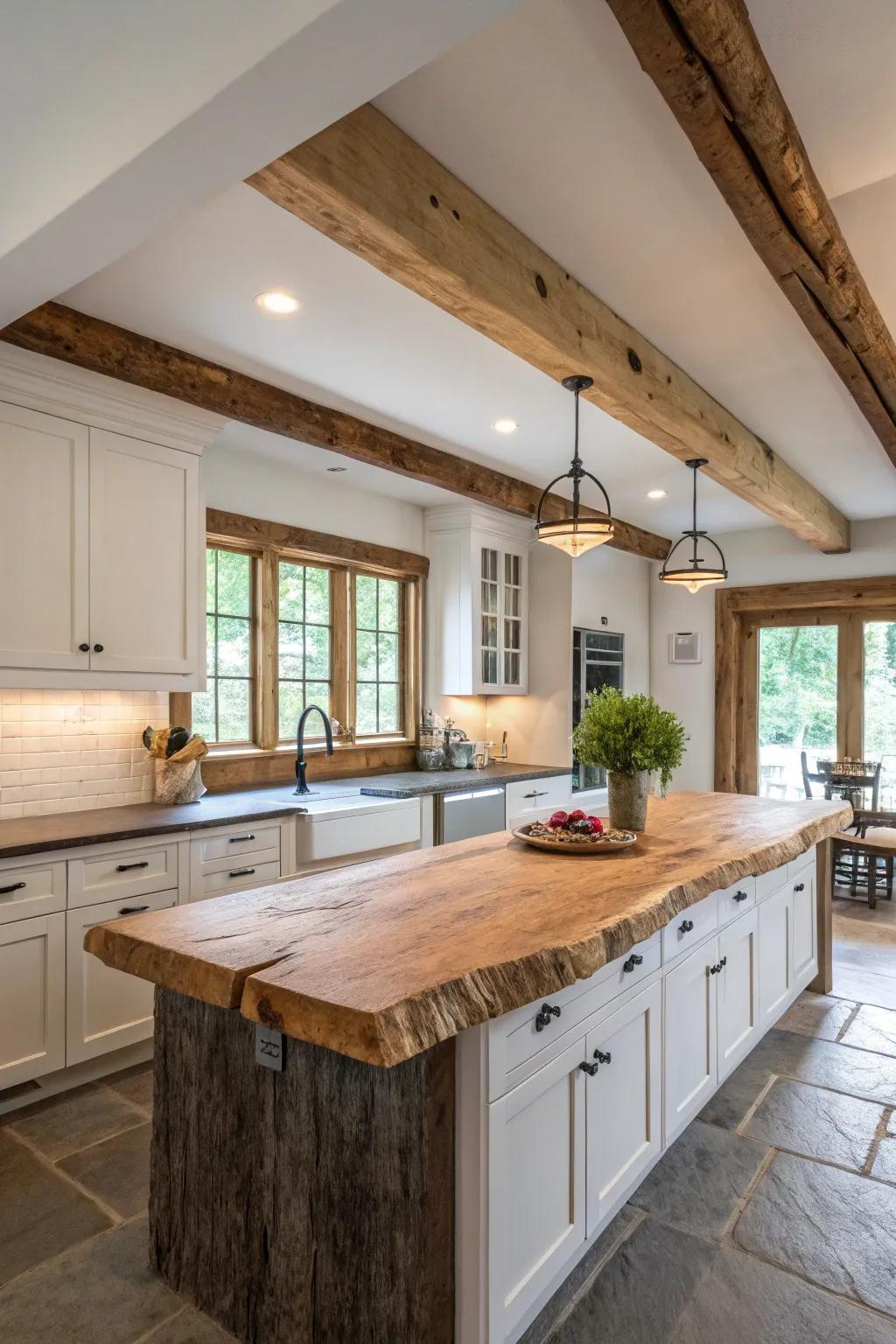 A live edge countertop highlighting architectural elements in a kitchen.