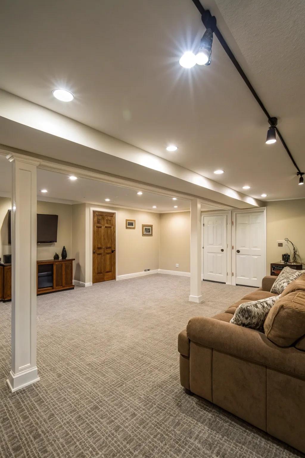 Low-profile lighting keeps the space bright without intruding on height.