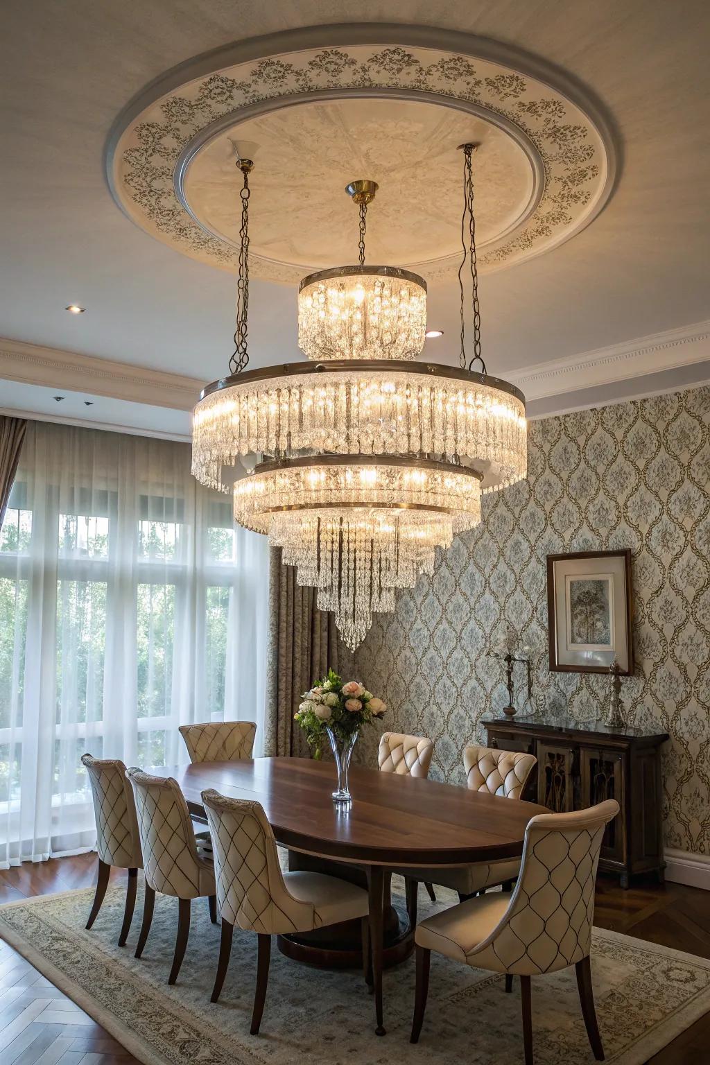 A multi-tiered chandelier adding drama to a dining room.