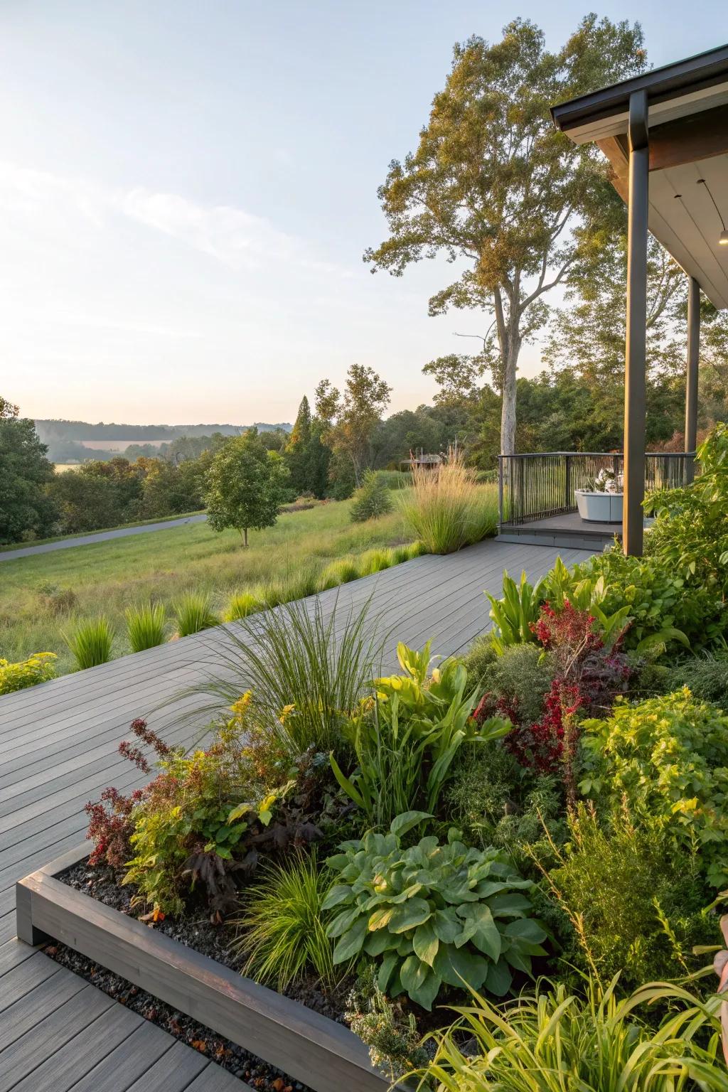 Native plants thriving around a raised deck area.