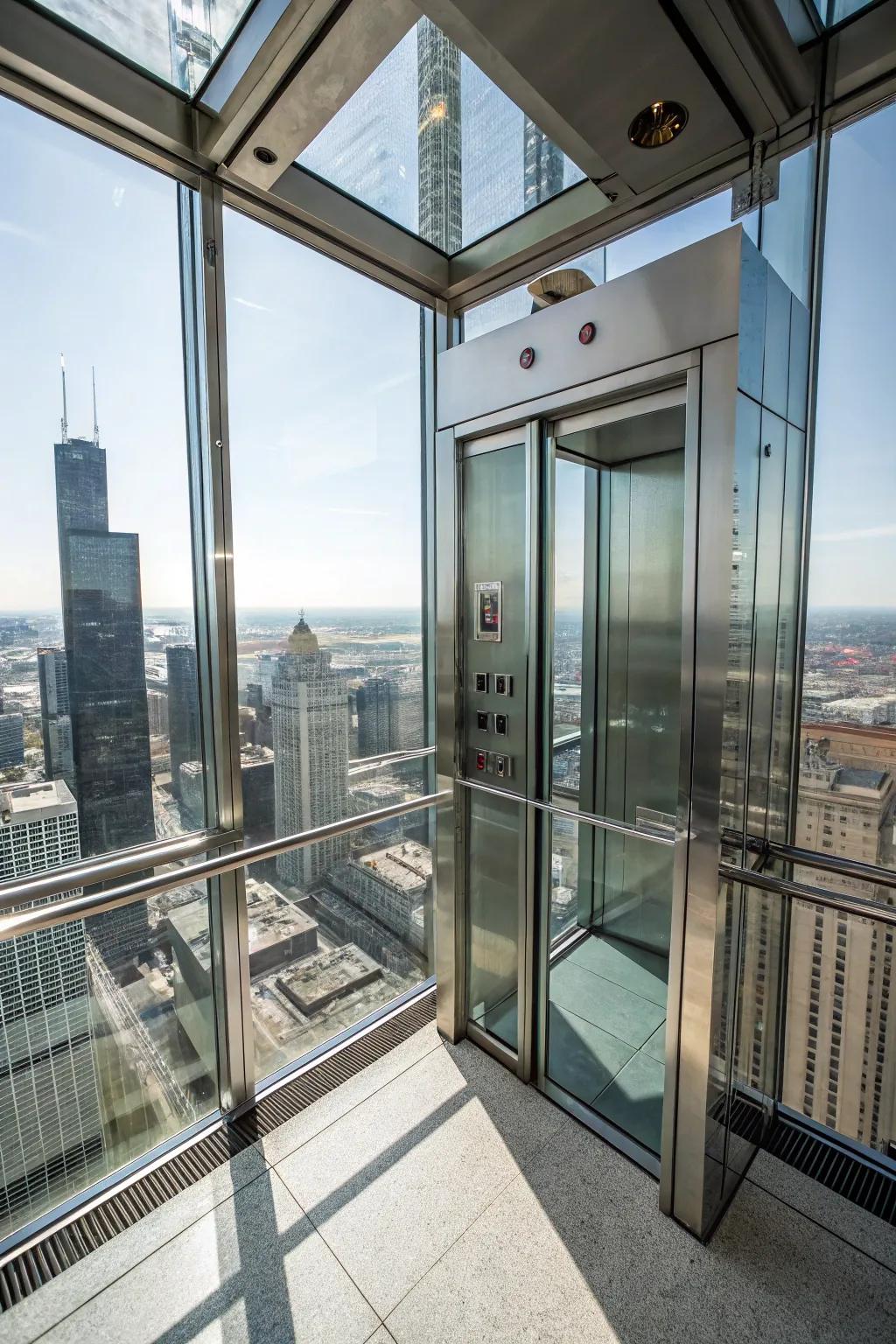 Glass elevators offer breathtaking views and a contemporary aesthetic.