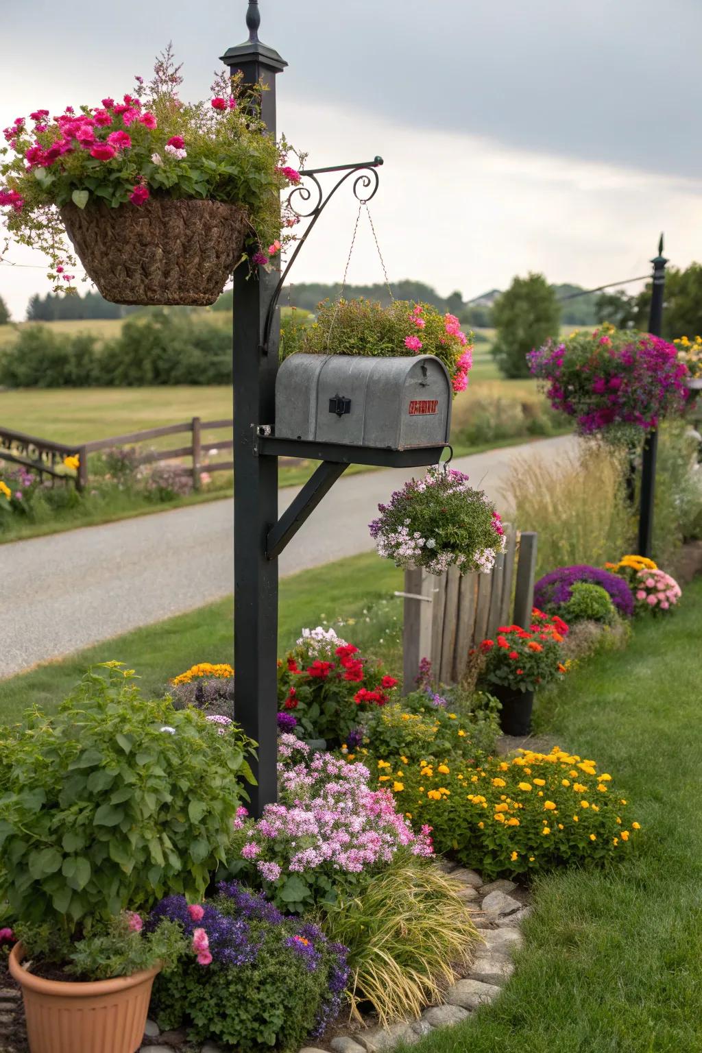 Improve your mailbox with colorful planters and hanging displays.