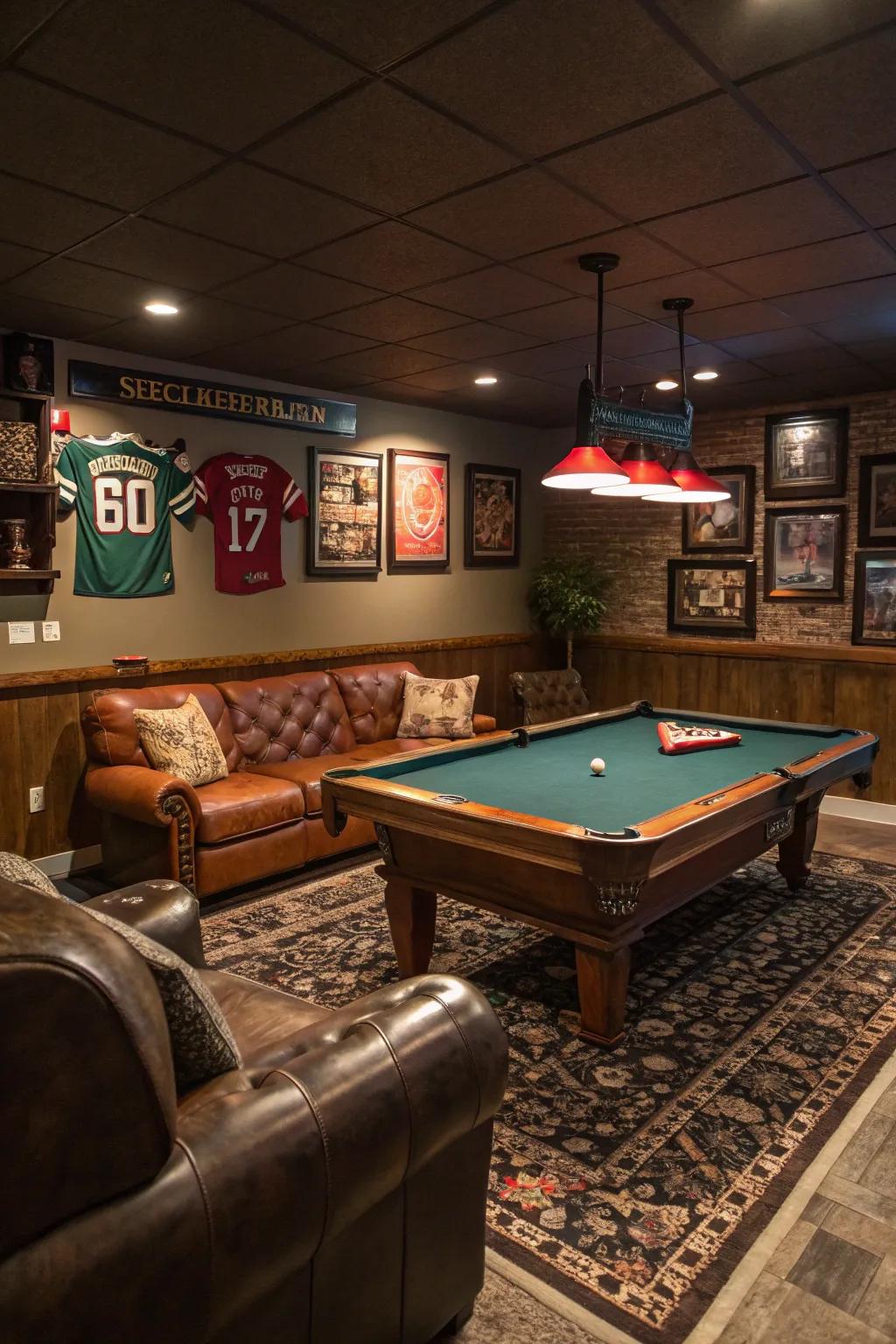 A fashionable pool table alcove for amusement inside a man cave.