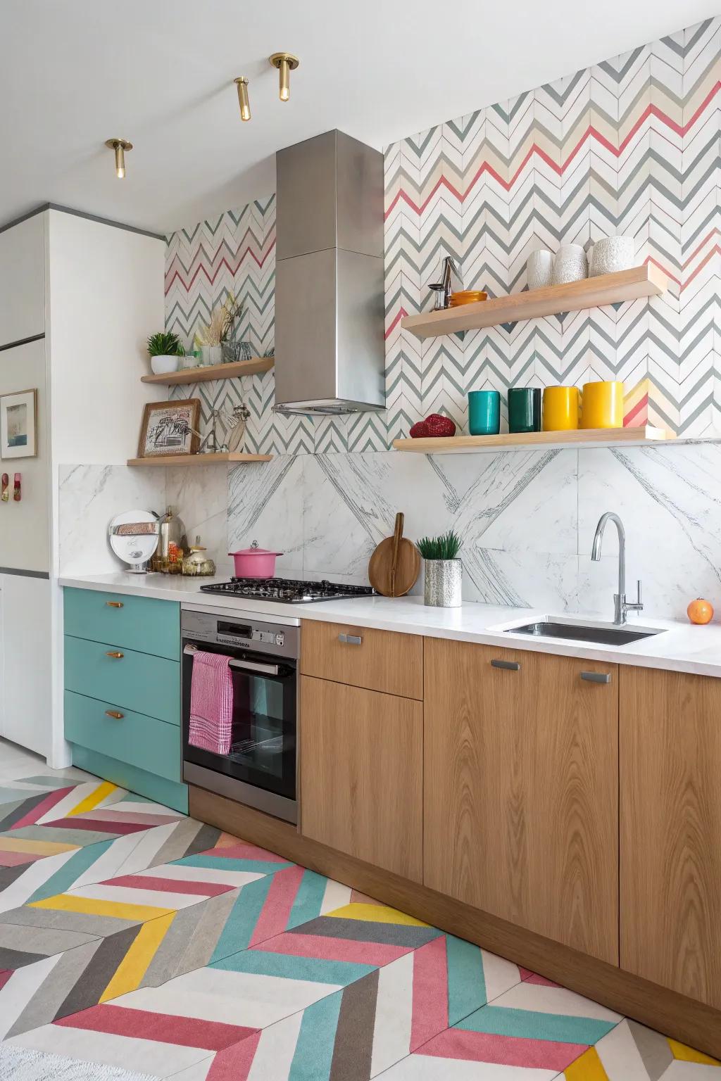 A vibrant kitchen featuring a playful herringbone stone panel.