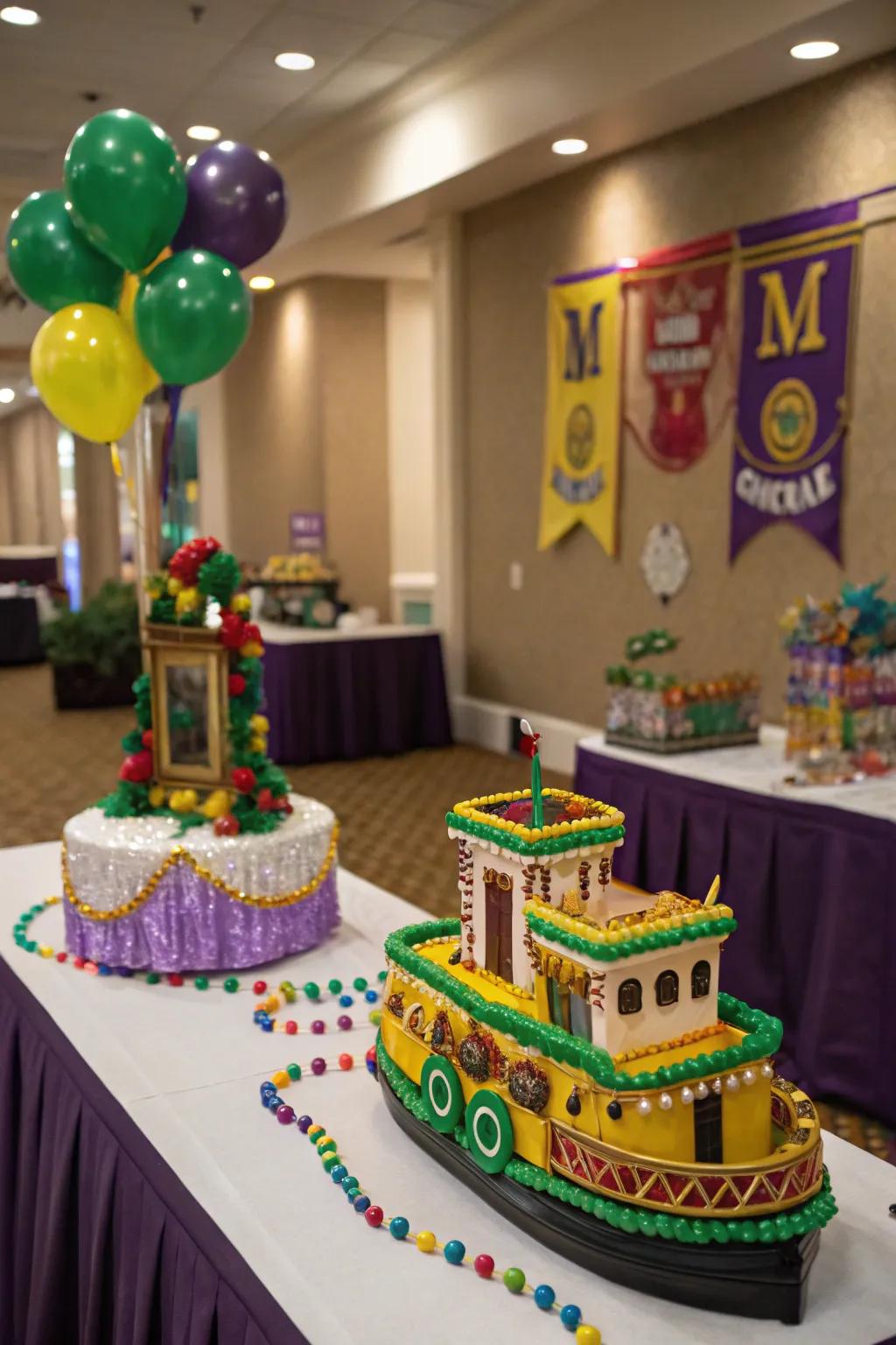 Mini Mardi Gras floats add charm and a festive touch to each table