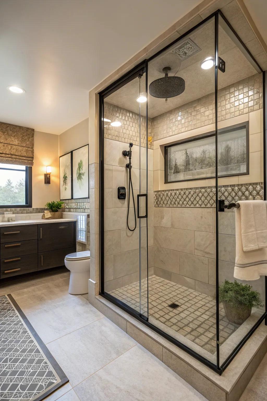 A stylish walk-in shower with tinted shower screens.