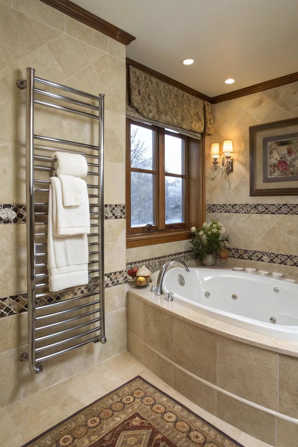 A towel warmer adds warmth and luxury to the bathroom experience.