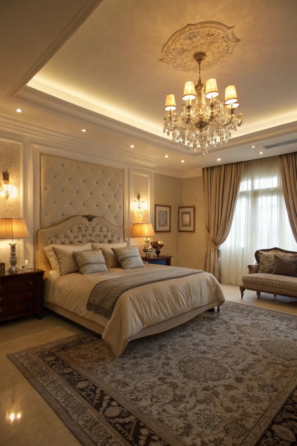 Mood lighting creates a relaxing atmosphere in the master bedroom.