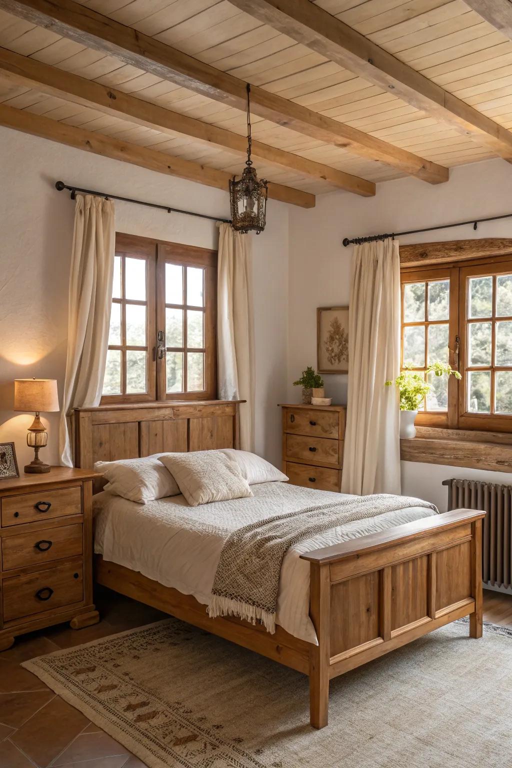 A sleeping area showcasing timber furnishings and natural fabrics.