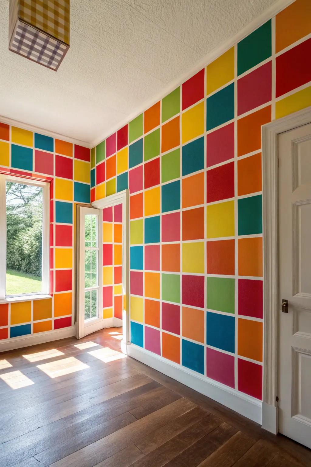 Colorful setting with vibrant color block mid-century wallpaper.