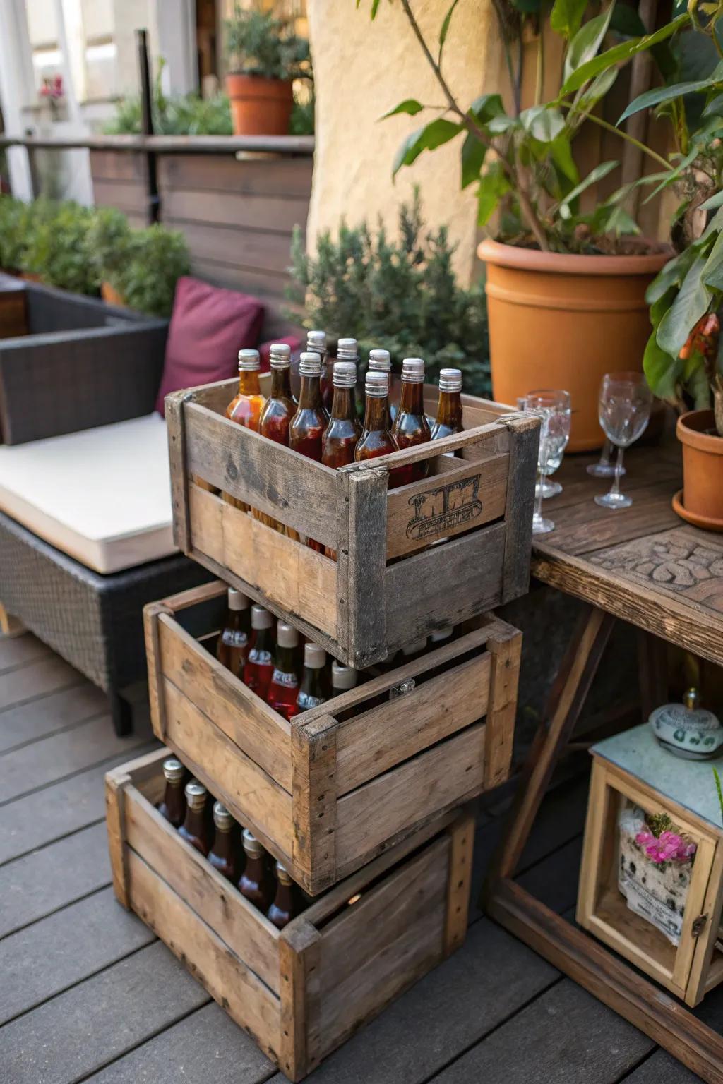 Vintage crates stacked to create a charming display for mini liquor bottles.