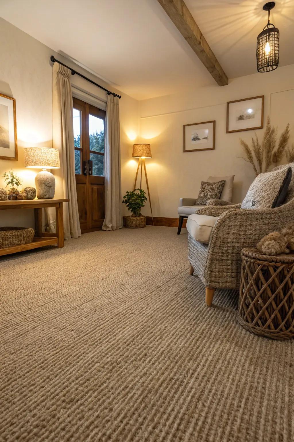 Cozy room featuring an earthy neutral-toned carpet for a grounded feel