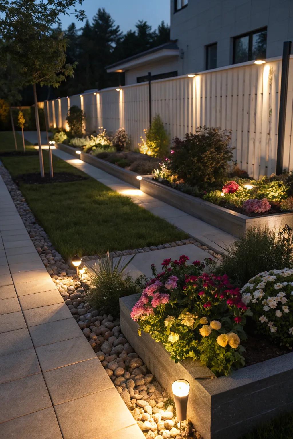 Solar lights add a magical glow to garden beds at night.