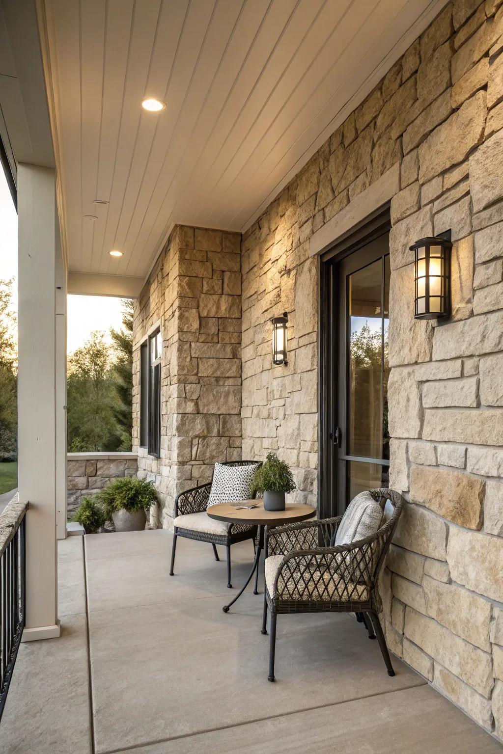 Textured walls add depth and elegance to modern porches.