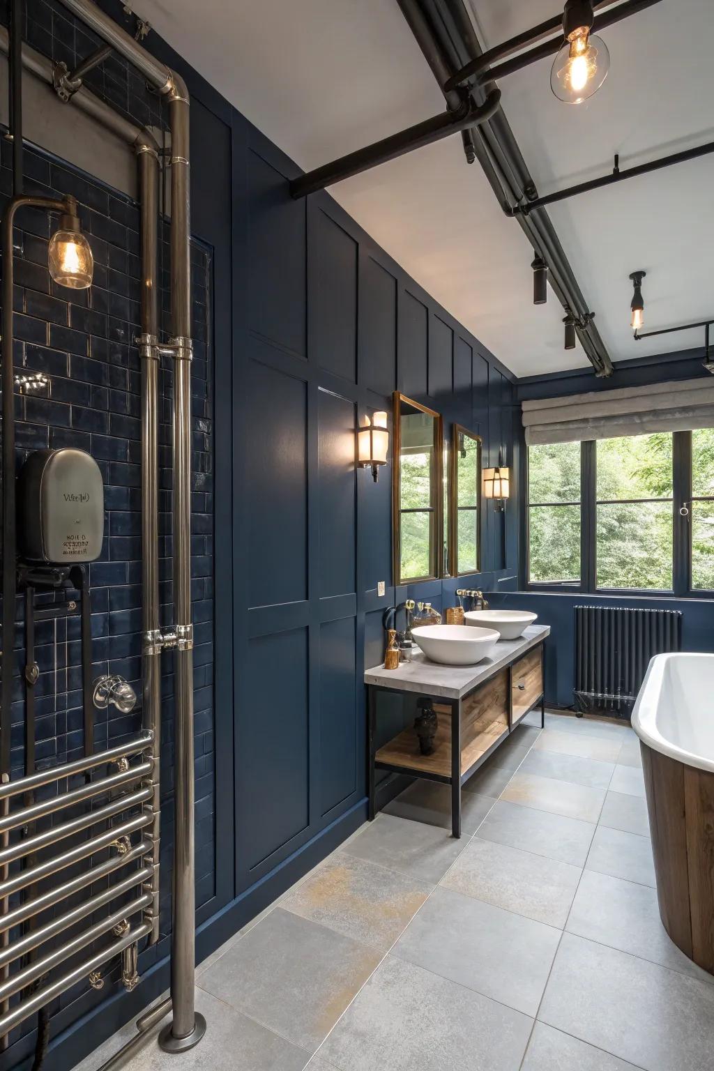 Industrial elements add a raw edge to navy blue bathrooms.