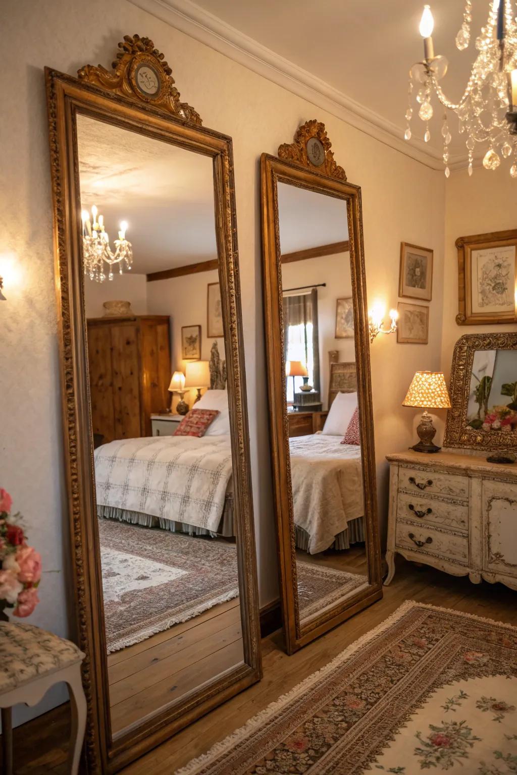 Vintage mirrors add character and light to a modern Spanish bedroom.