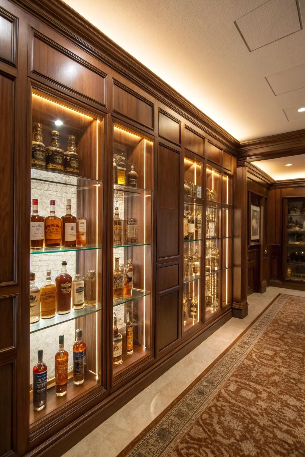 Custom glass displays elegantly showcase your whiskey collection.