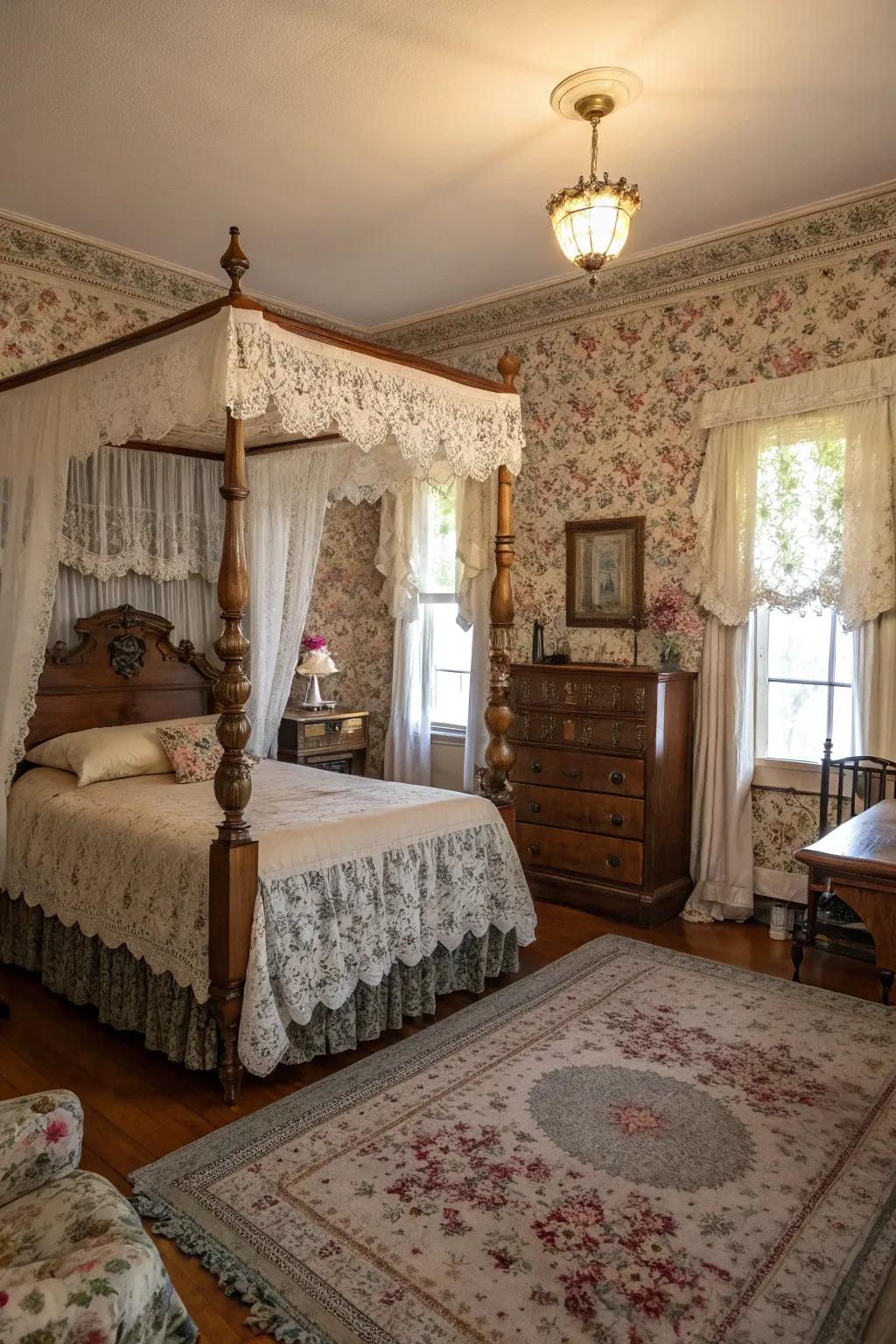 A bedroom with vintage decor elements and antique furnishings.