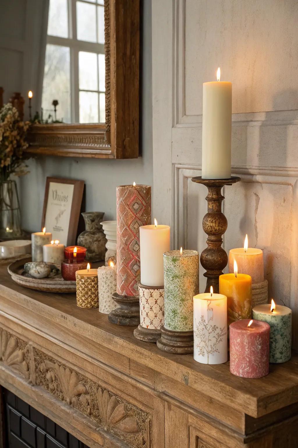 An eclectic mix of candles creates a warm and inviting glow.