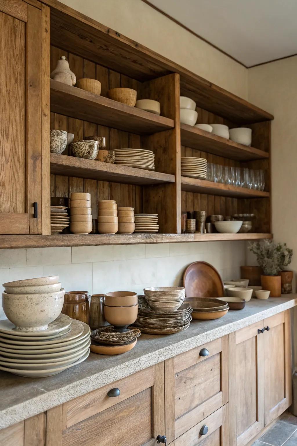 Open shelving provides both functionality and rustic aesthetic appeal.