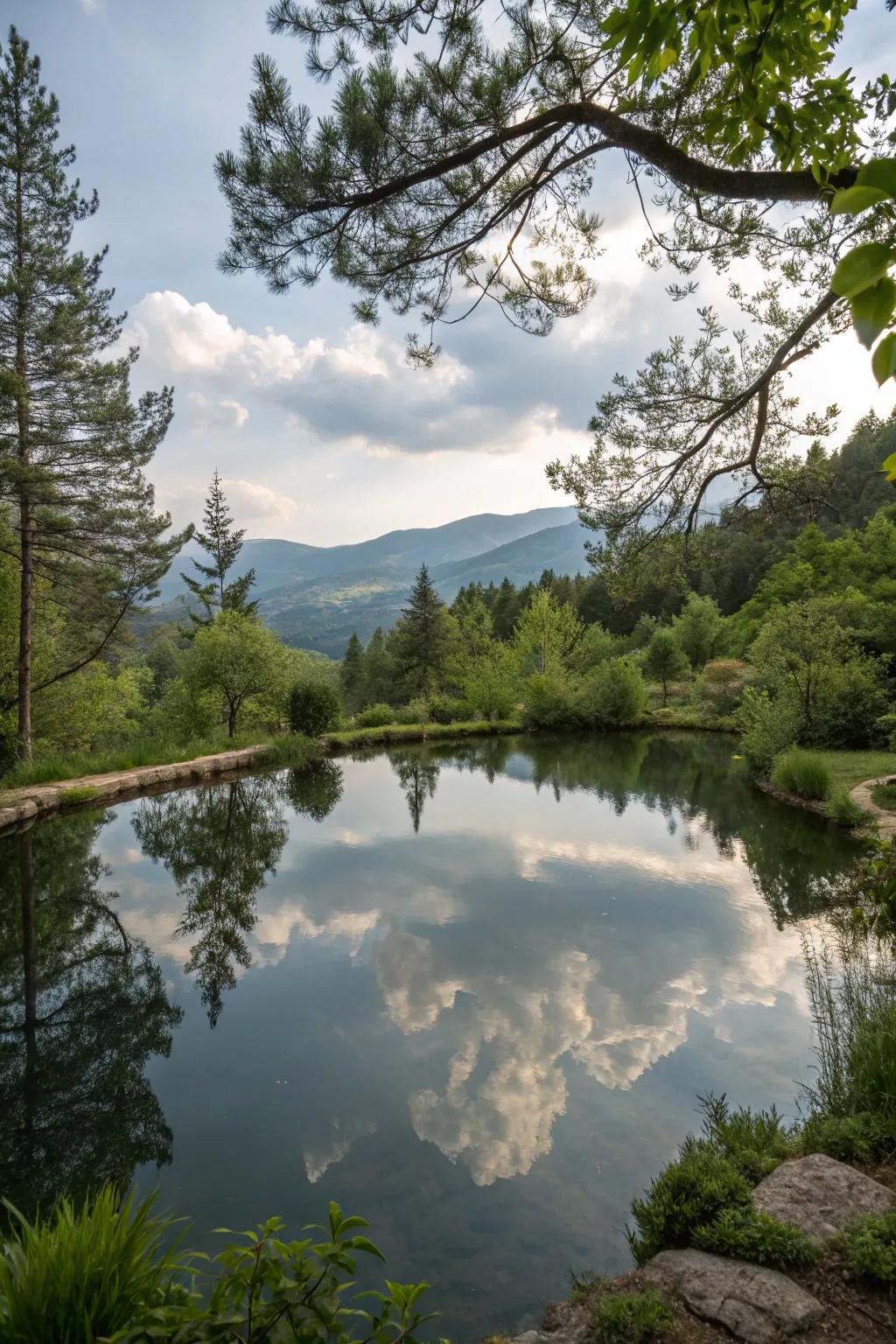 A tranquil pond reflecting the natural beauty of the mountain garden.