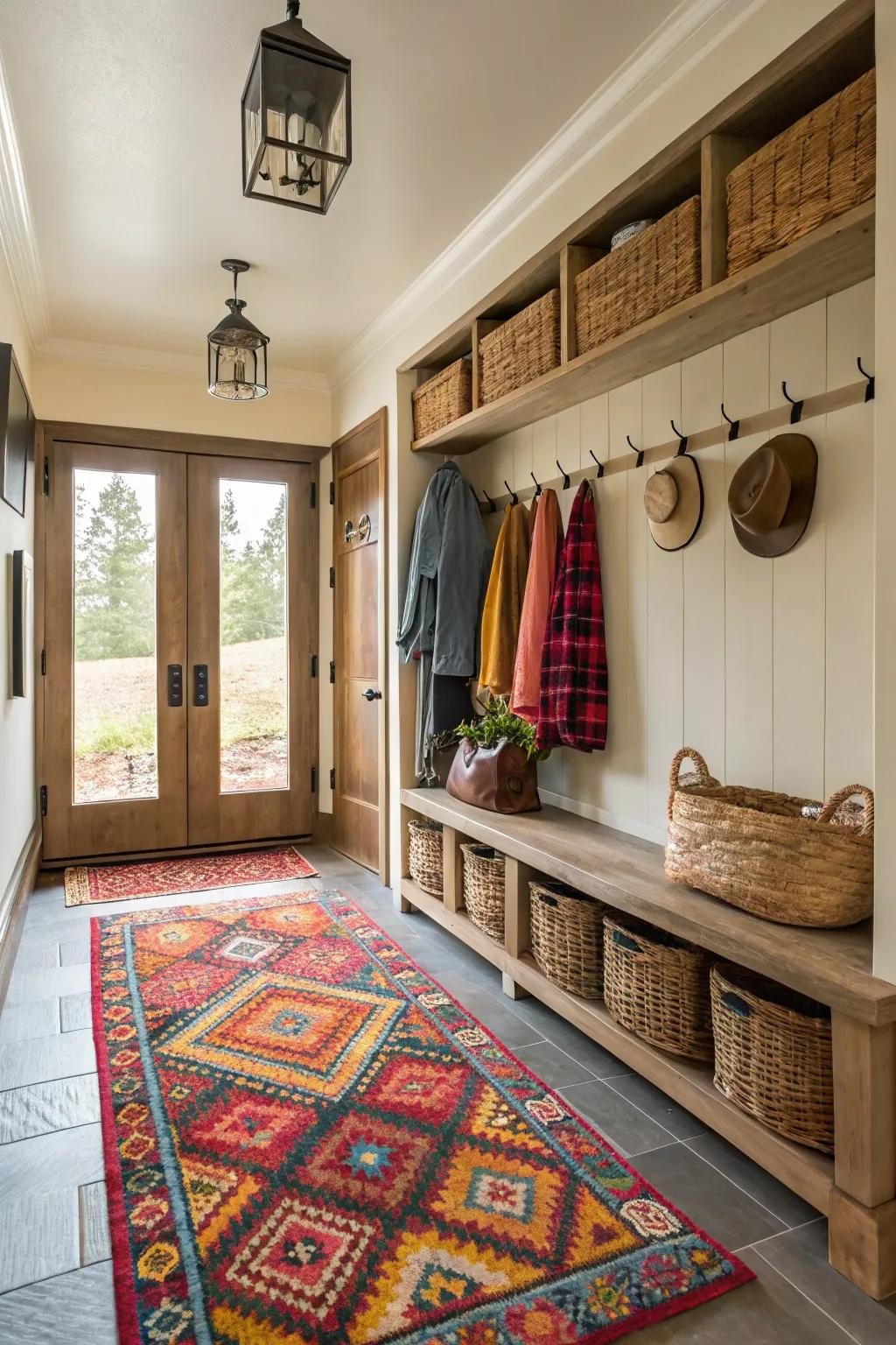 Mudroom with a statement rug that adds texture and character to the space.