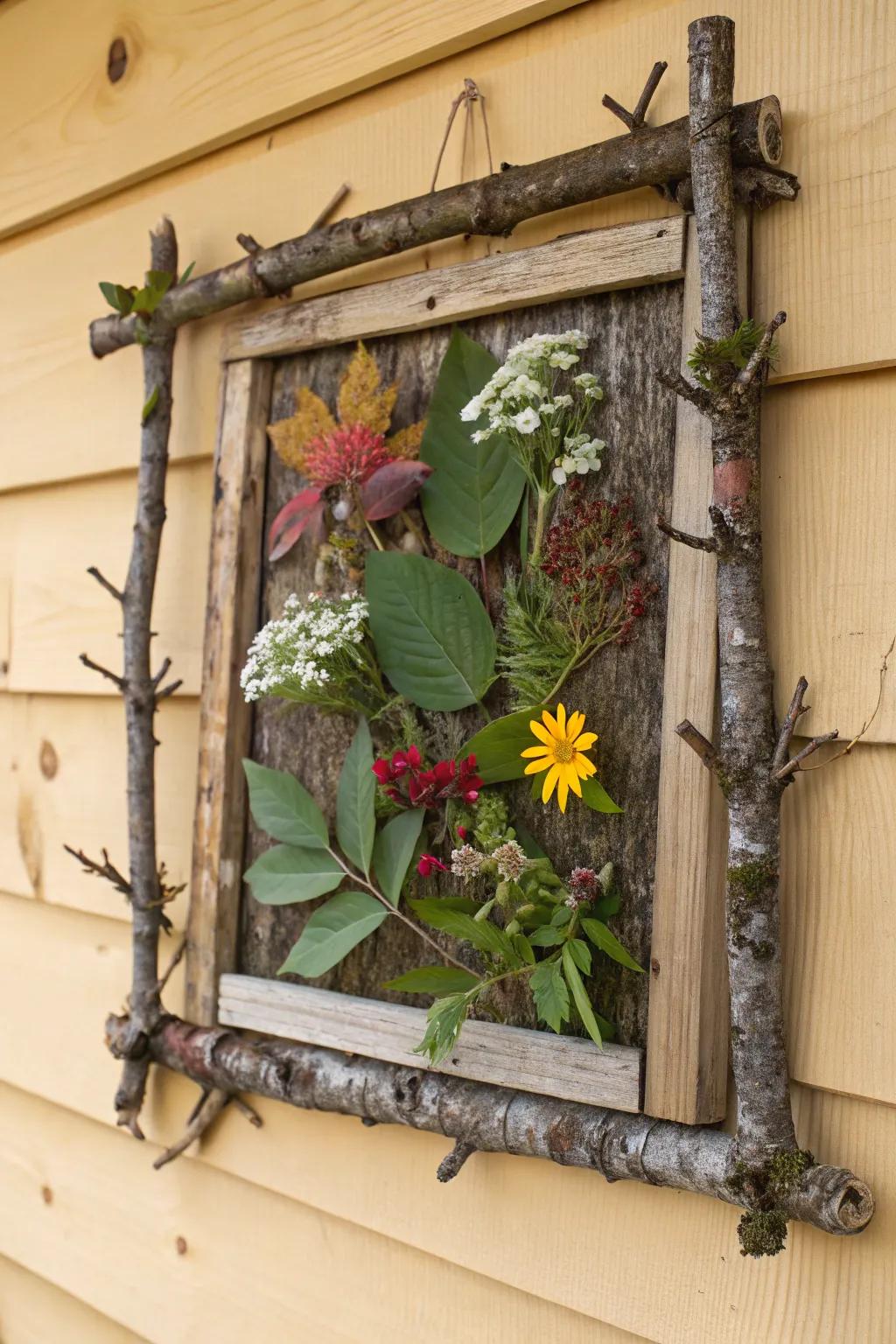 A rustic frame collage using twigs and bark.