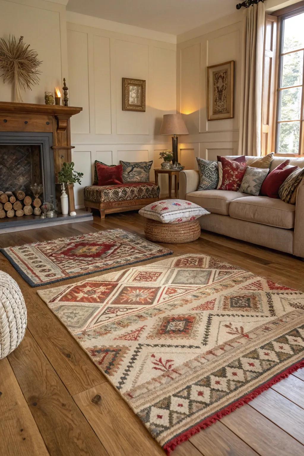 Eclectic patterns create a playful contrast with oak flooring.