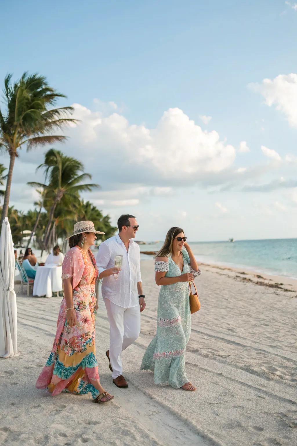 Guests embracing the beach chic dress code for a stylish gathering.