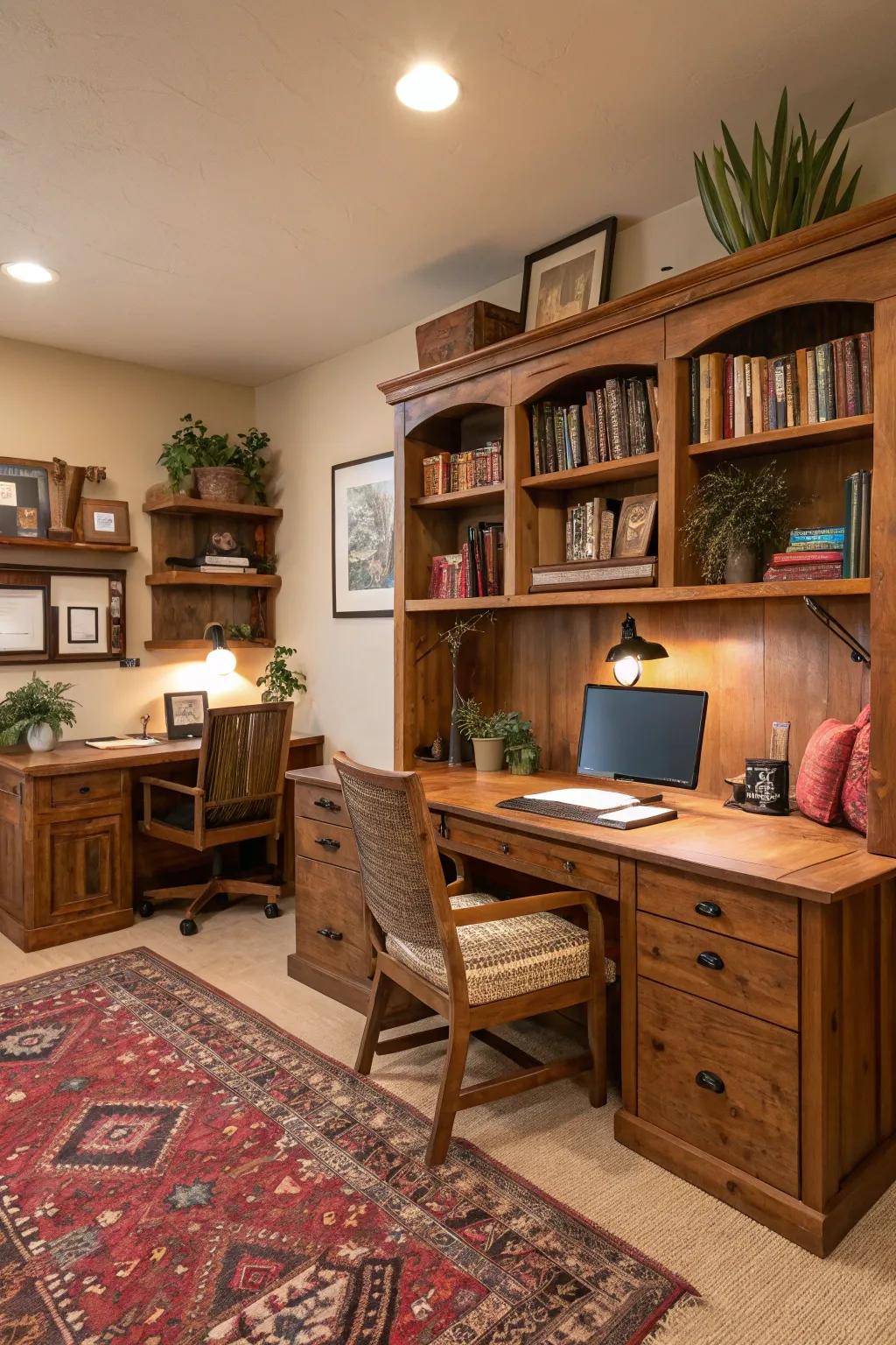 Add warmth with rustic charm in your office den.