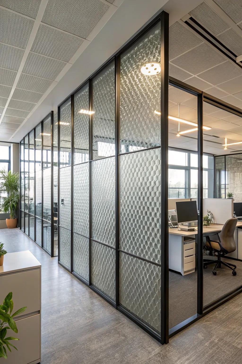 Mixed materials provide texture and dimension to office dividers.