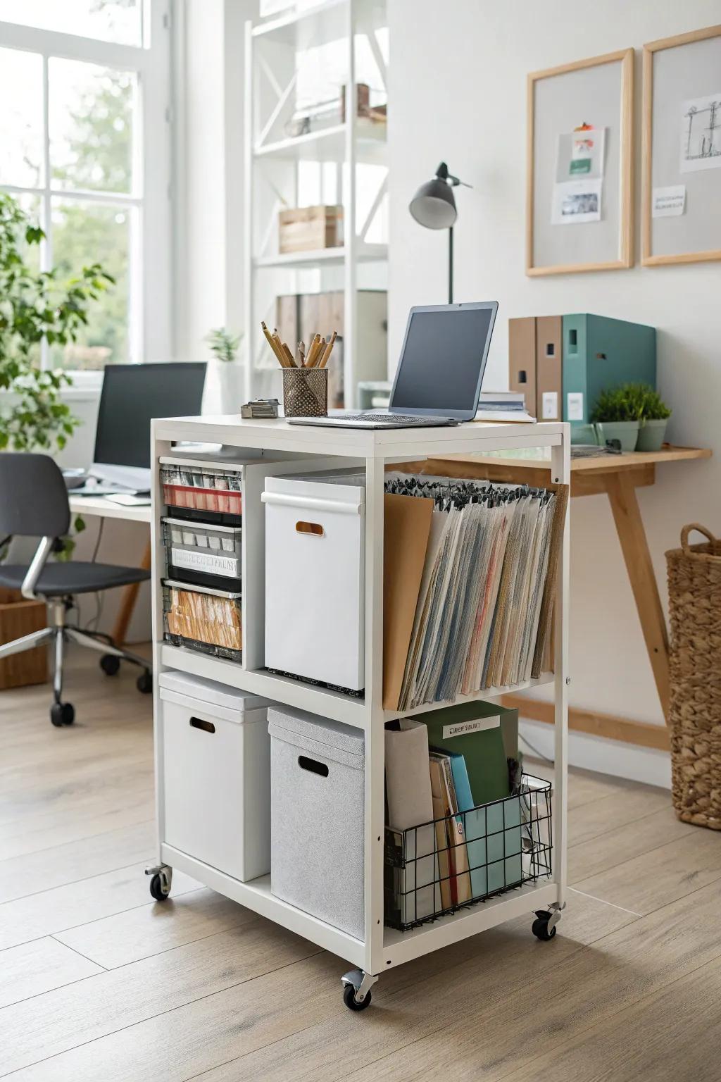 A mobile cabinet offers convenience and adaptability in storage.