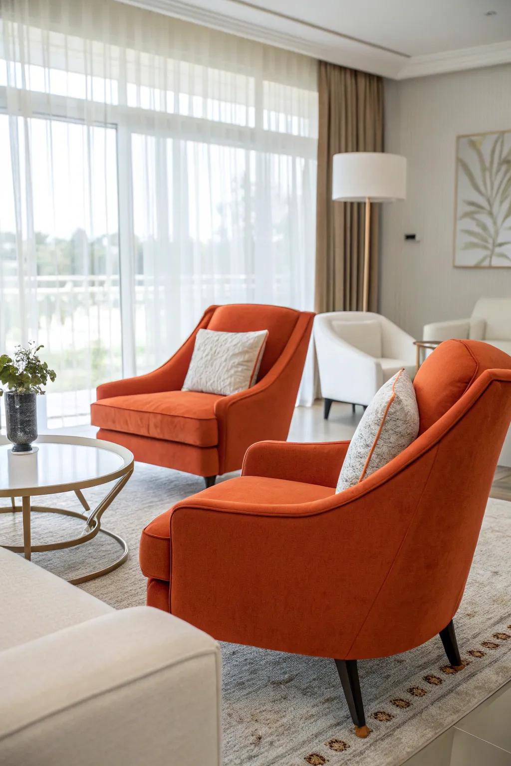 Orange seating that adds energy and focus to a modern seating area.