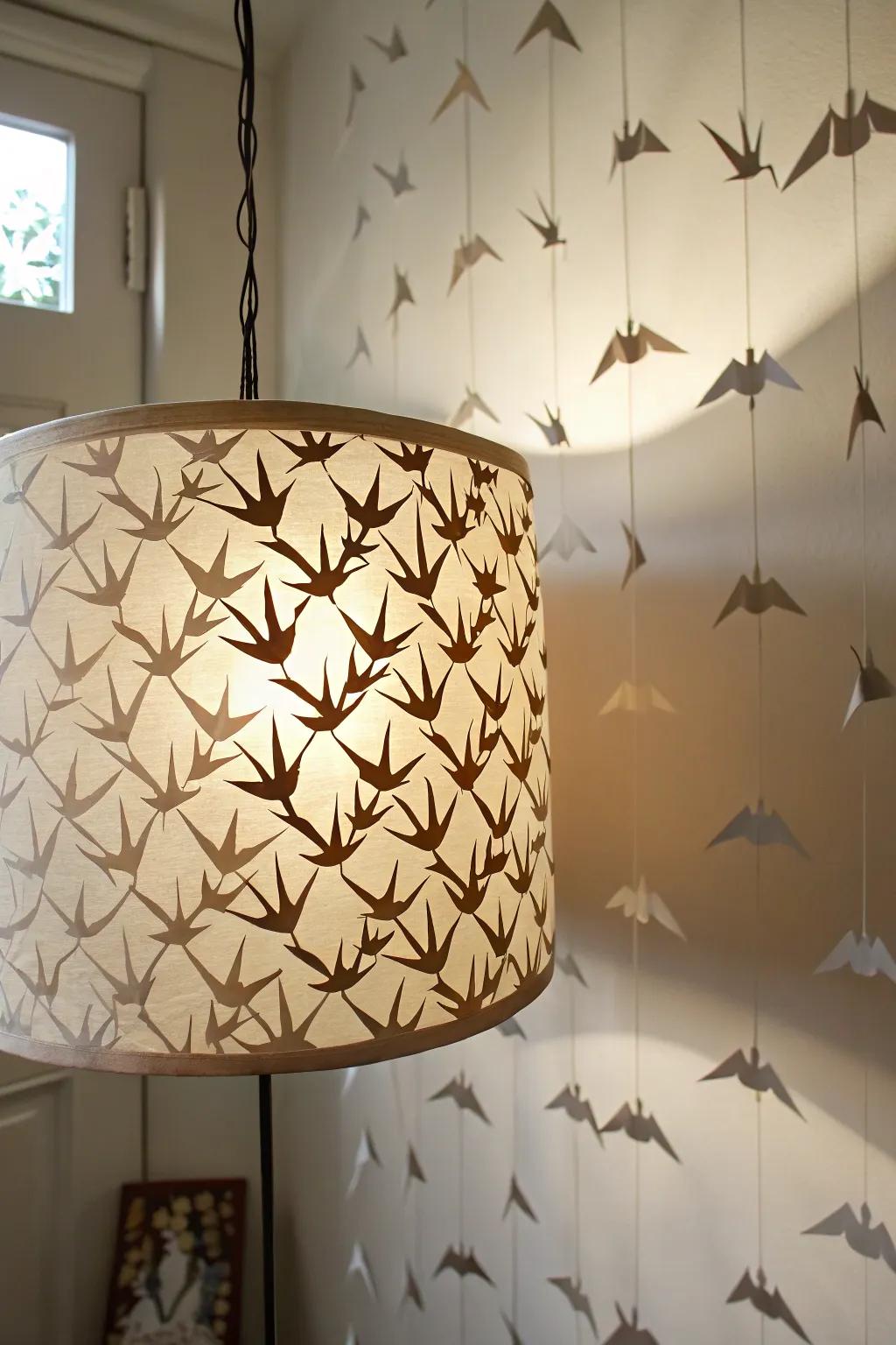 A lampshade that captivates with crane shadows.