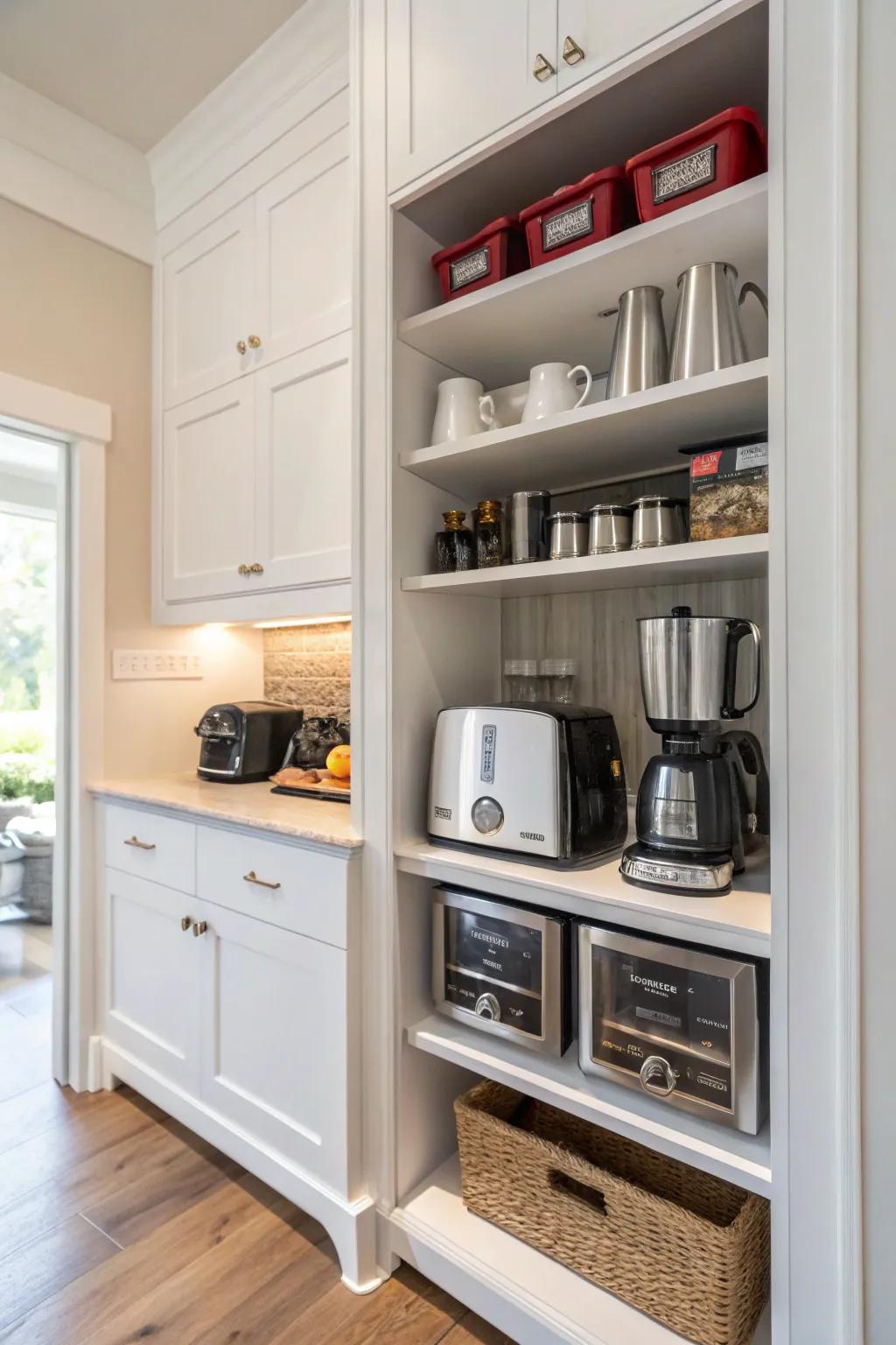 Built-in cabinets in a pantry keep small appliances organized and accessible.