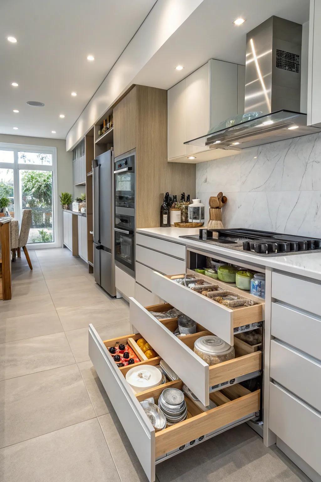 Smart storage solutions optimize kitchen space.