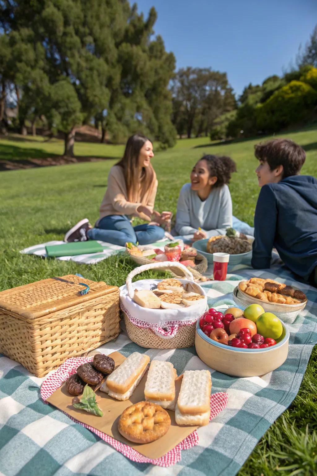 Teens enjoying a delightful picnic in a scenic park setting.