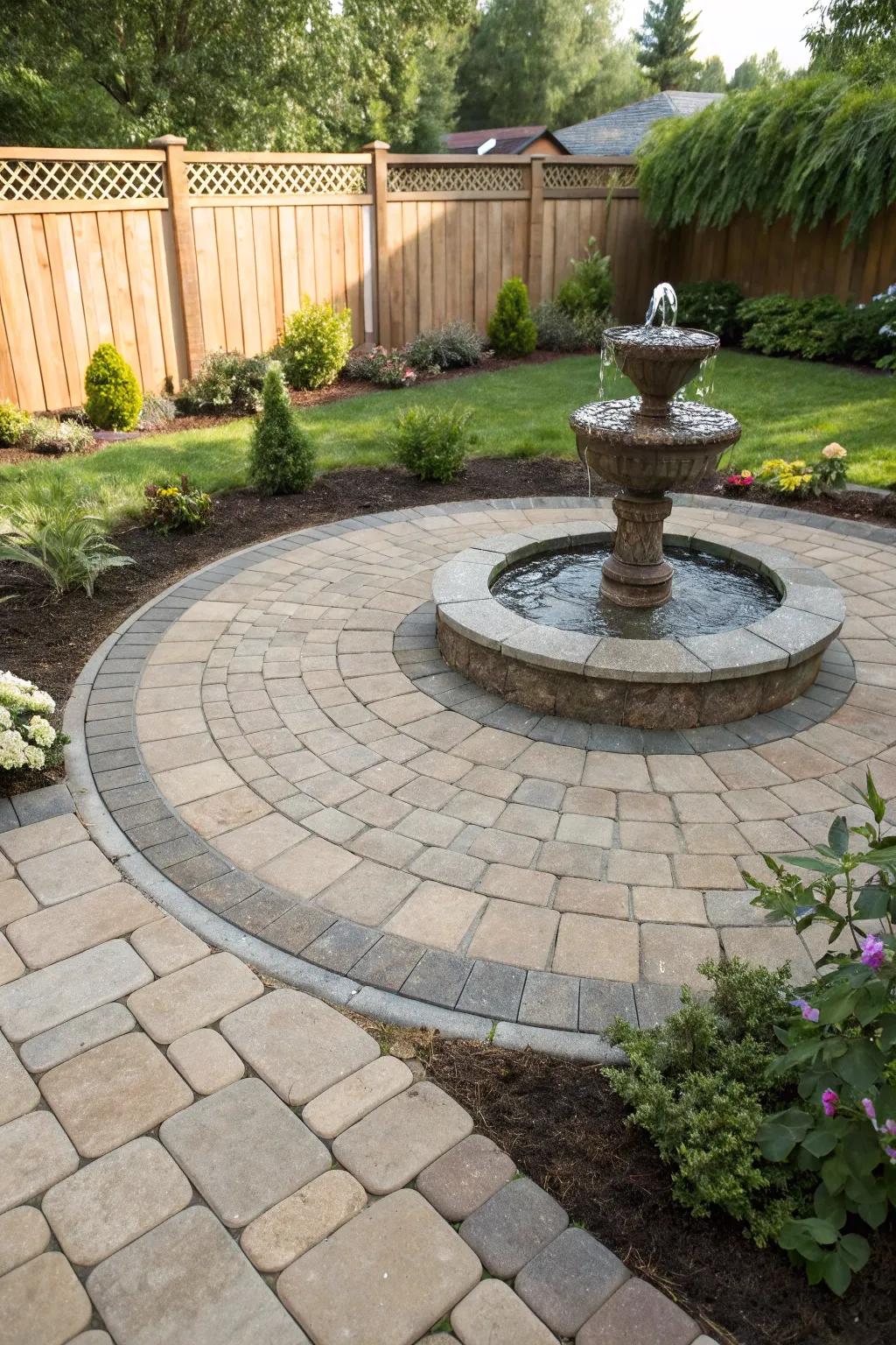 A paver patio with a circular design, highlighting a central water fountain.