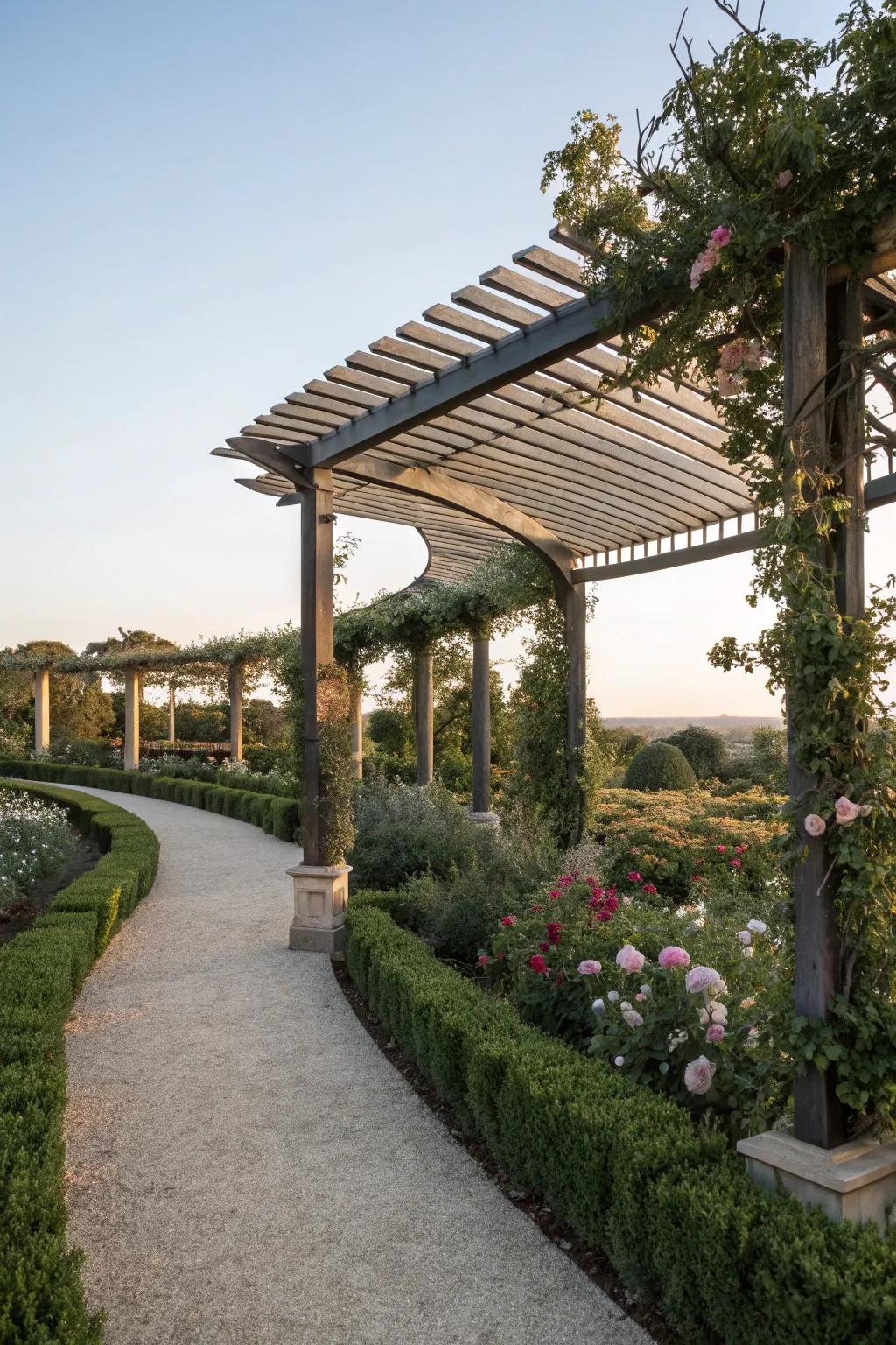 Unique style with a wood and metal pergola roof.