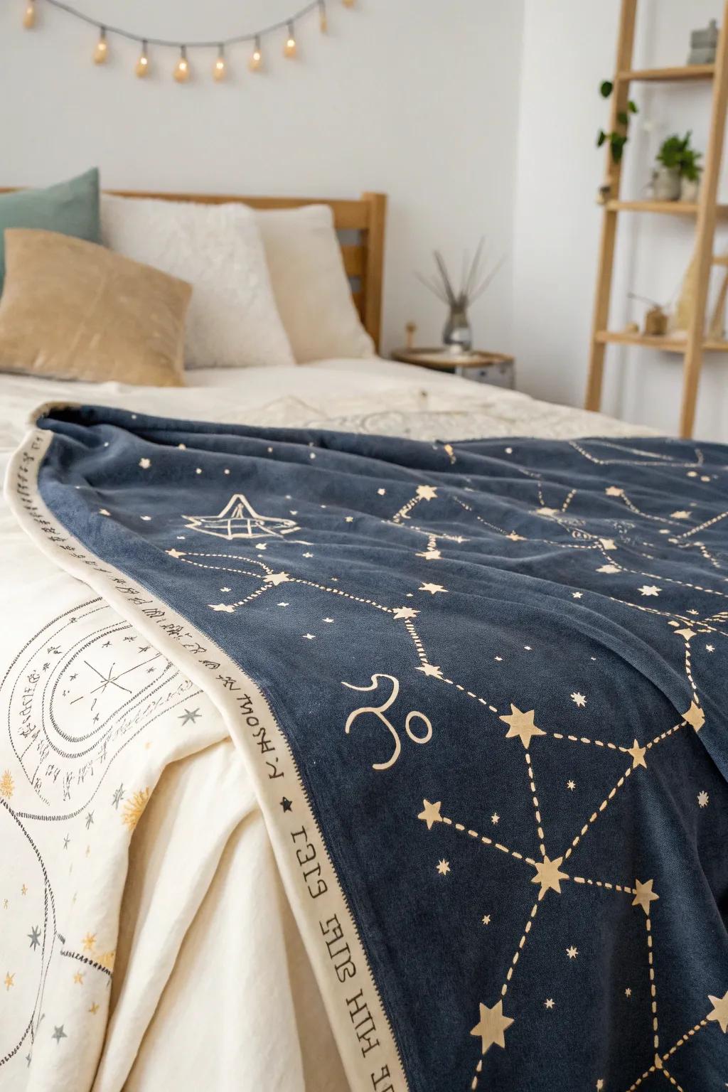 A blanket with a zodiac constellation design, perfect for astrology enthusiasts.