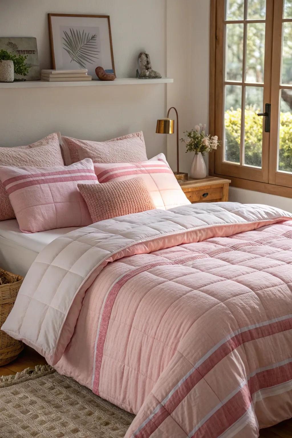 Layered pink bedding adds depth and warmth to this inviting bedroom.