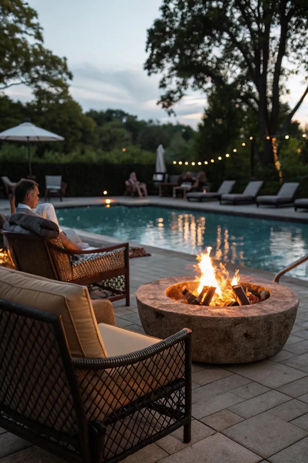 A fire pit crafts a warm gathering spot for evenings beside the pool.