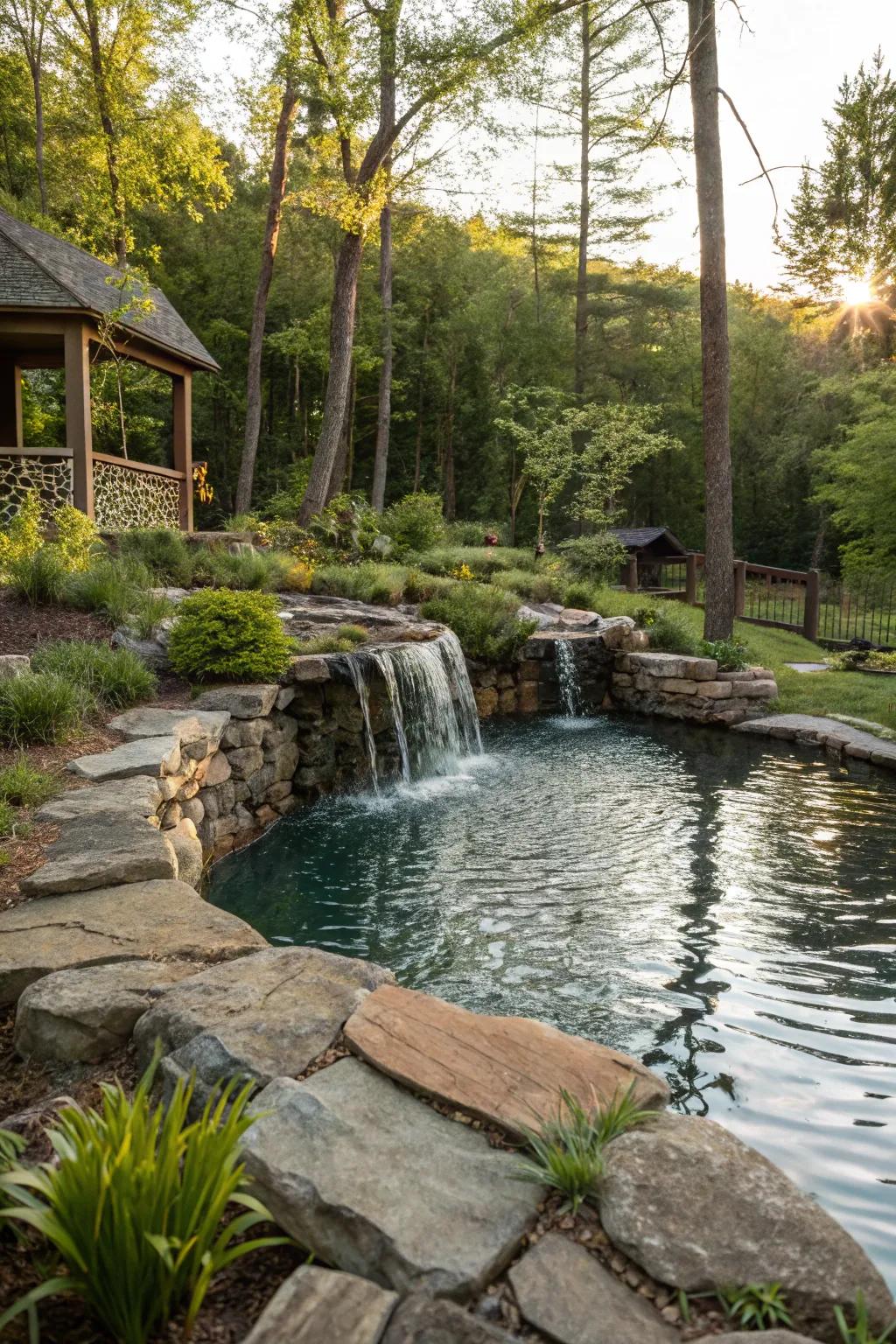 A pool pond with a soothing cascade feature.